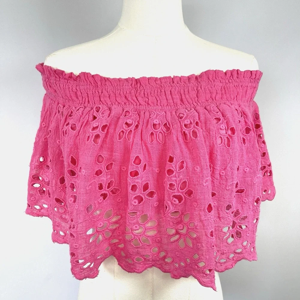 Free People One Perla Boho Coquette Eyelet Crop Top S Pink Cottagecore Beachy